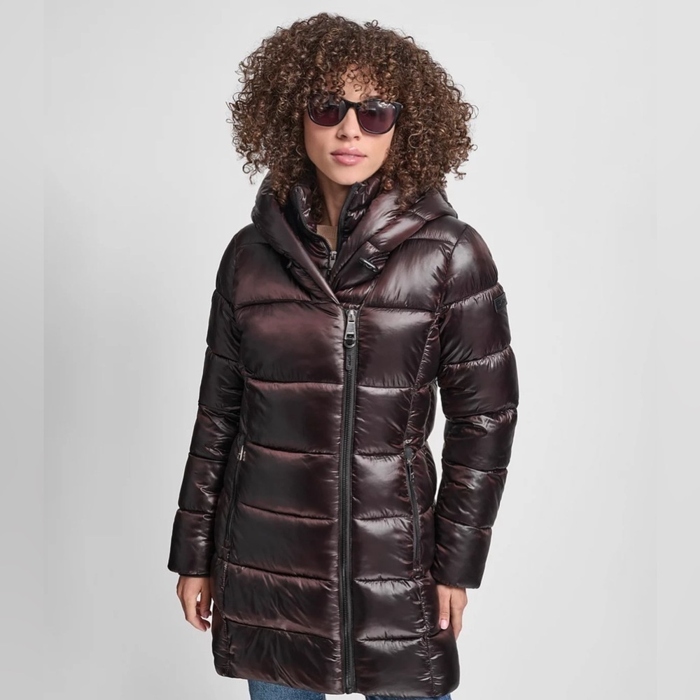 ❄️ DKNY Metallic burgundy Black Cherry 🍒 Bib Packable Shiny Bomber Jacket Coat - Picture 2 of 7